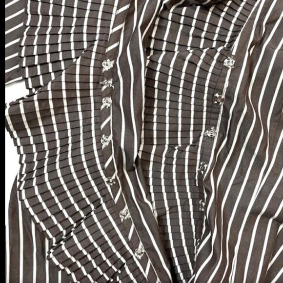 Ralph Lauren Polished Cotton Poplin Brown & White Accordion Pleat Ruffle Blouse - Picture 9 of 10